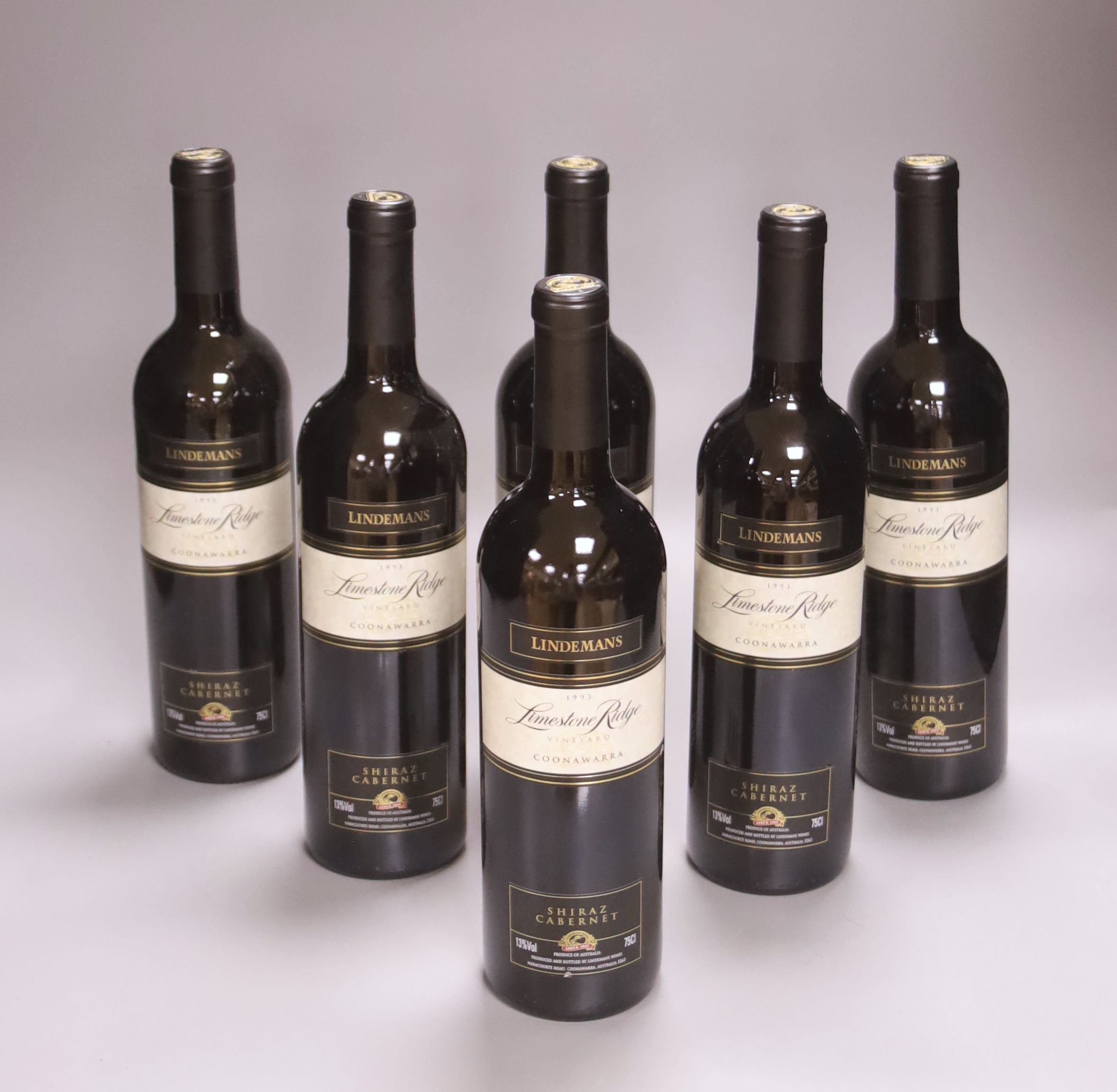 Six bottles of Lindemans Limestone Ridge Vineyard Cabernet Shiraz-Coonawarra, 1993, 75cl.